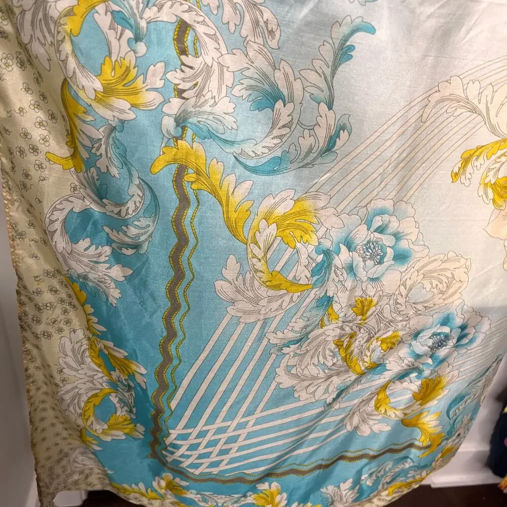 Johnny Was Silk Scarf Tassels Blue Floral Print Square Designer 42x42